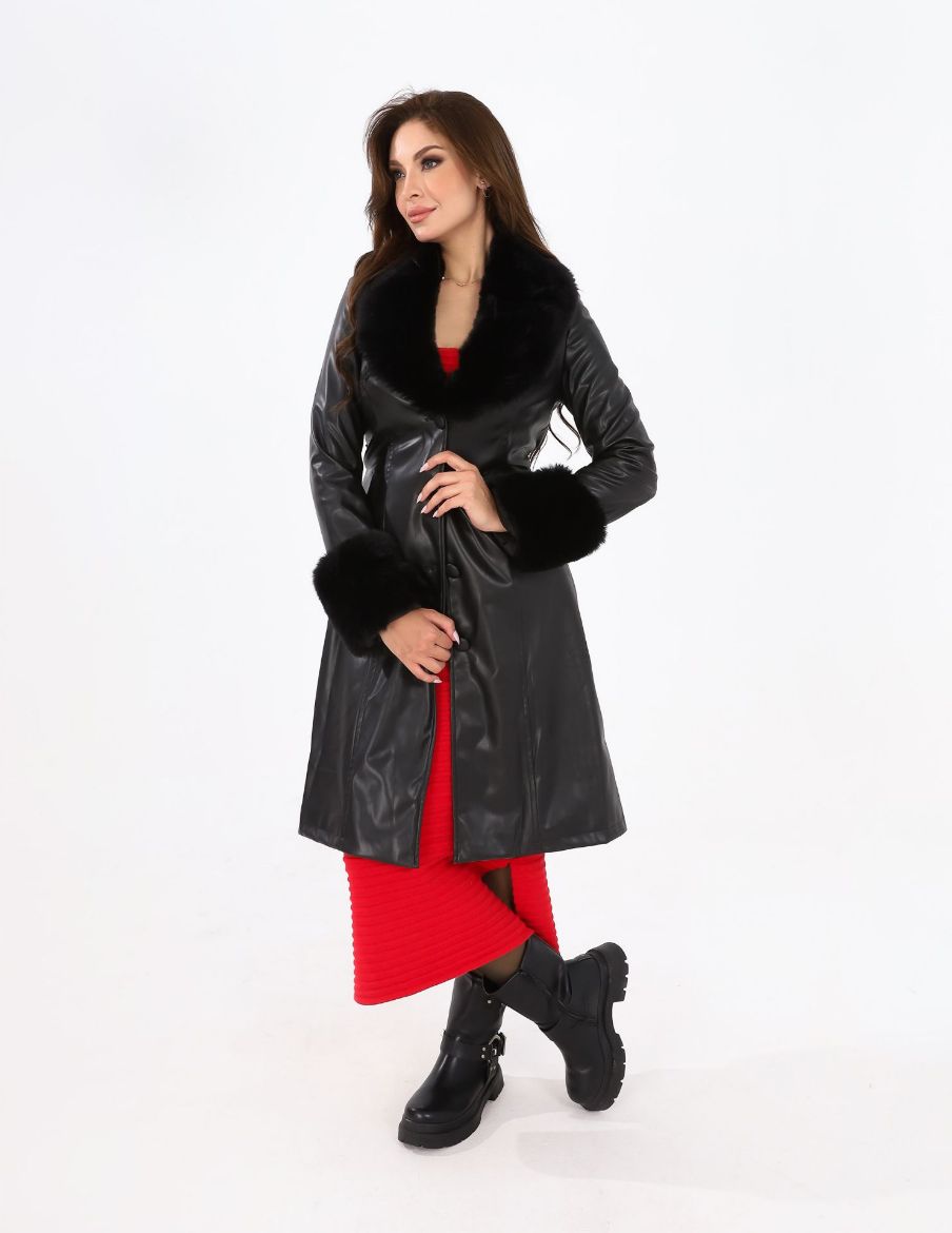 Picture of Leather coat with fur collar and cuffs  w12067040 