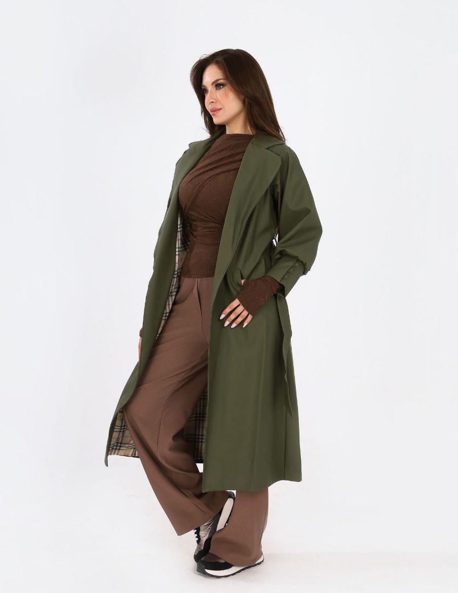 Picture of Lapel Neck Belted Leather Longline Coat w12001098 