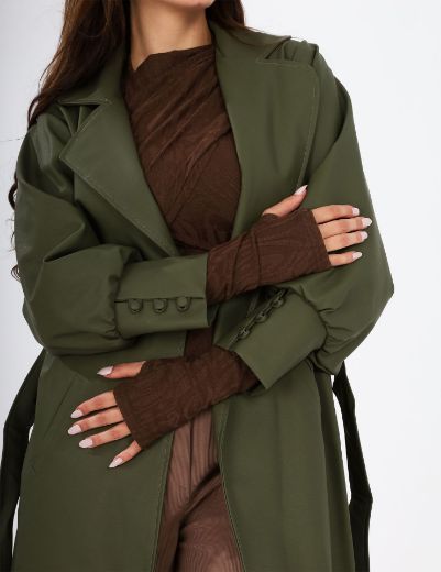 Picture of Lapel Neck Belted Leather Longline Coat w12001098 